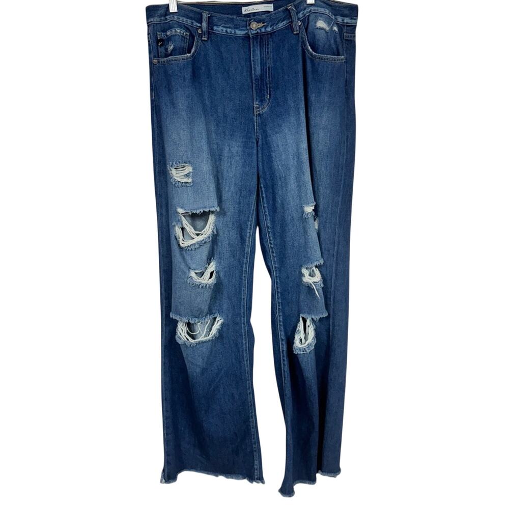 Kancan Blue Wide Leg Distressed High Rise Jeans Womens 31 Denim Classic Raw Hem